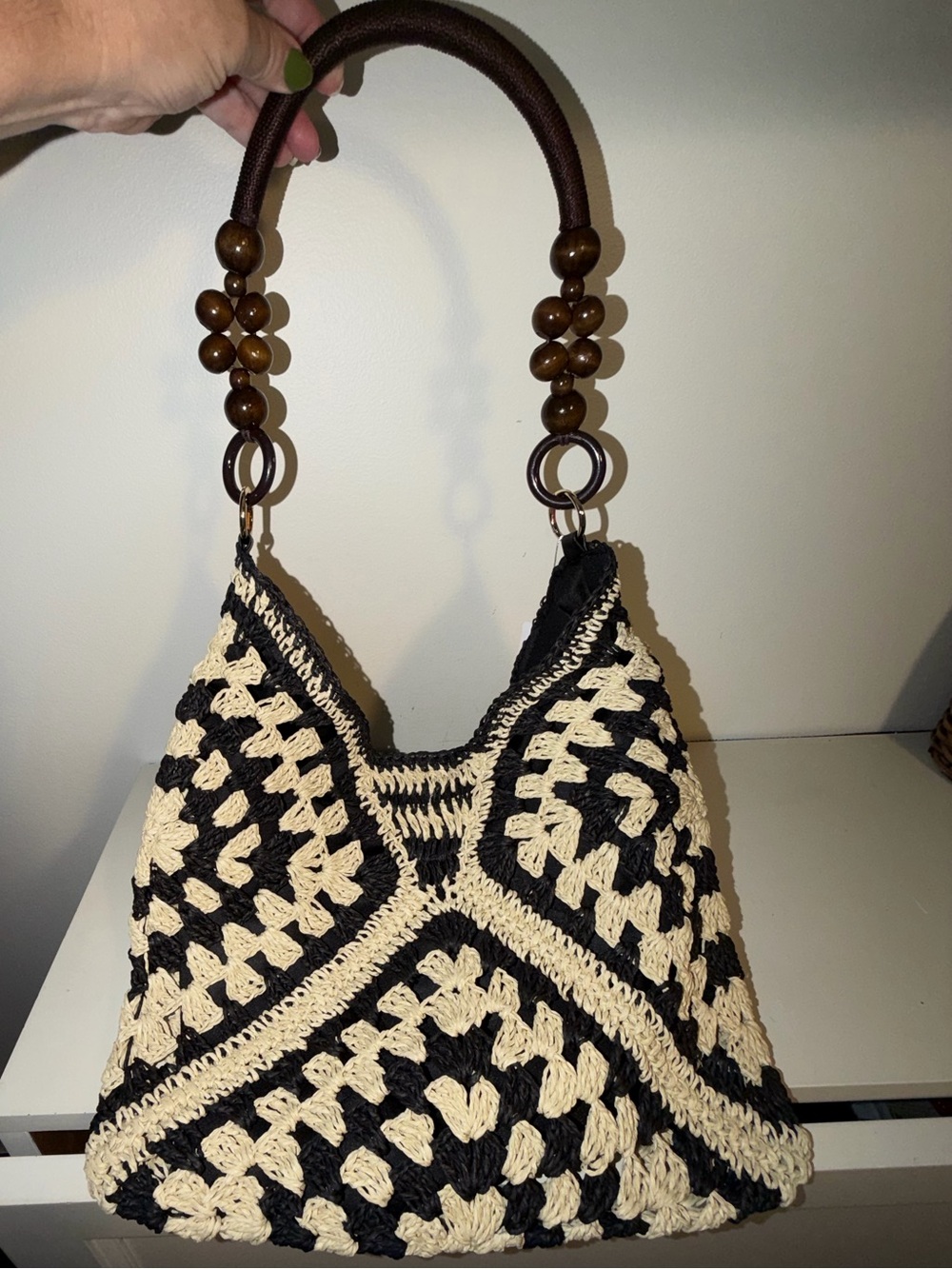Elan’s Daughter Black Cream Woven Beaded Hobo Statements Shoulder Bag NWT
